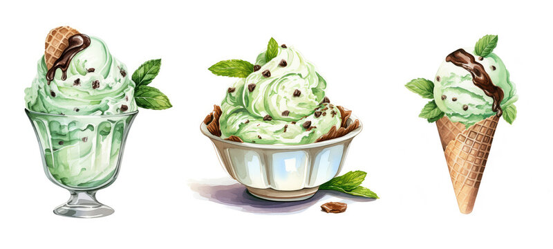 dessert mint chocolate chip ice cream watercolor