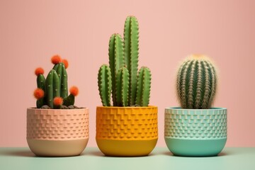 kidcore style cacti in colorful pots on a plain background