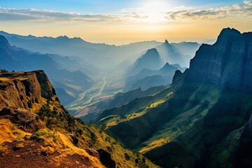 Fototapeta na wymiar Scenic Sunrise Over Simien Mountains: A View of Chenek Camp in Ethiopia's National Park. Generative AI