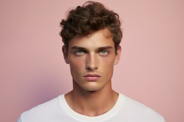 Fototapeta premium Close-up portrait of a fctional handsome male model. Isolated on a plain colored background. Generative AI.