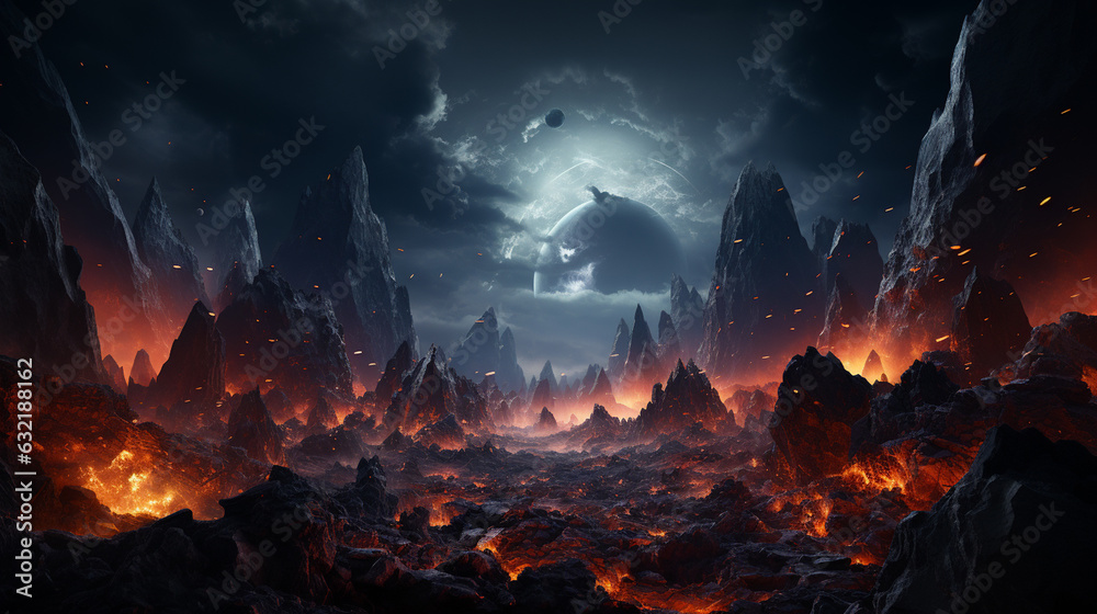 Poster cosmic space rocks presented in a dramatic and action-packed scene. generative ai