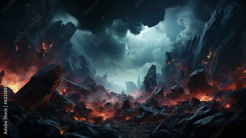 Poster cosmic space rocks presented in a dramatic and action-packed scene. generative ai