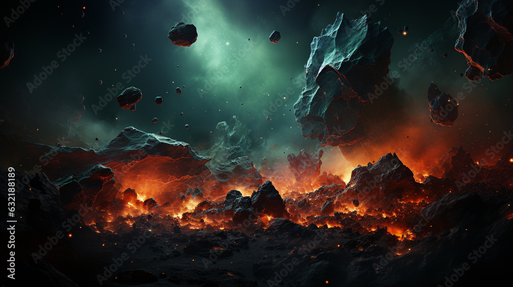 Sticker cosmic space rocks presented in a dramatic and action-packed scene. generative ai