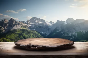 Fotobehang Donkergrijs Empty wooden table in the mountains. Lush image. Landscape, Mountain scenery