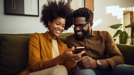 Happy black African-American couple on couch, applying for banking loan or mortgage, smiling and laughing. Ideal for home and personal loans.
