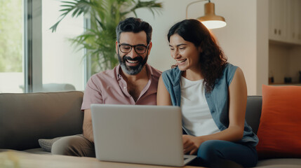 Happy Hispanic couple on couch, applying for banking loan or mortgage, smiling and laughing. Ideal for home and personal loans.