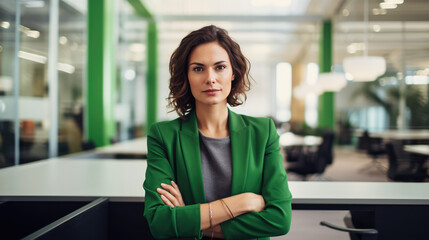 Confident white businesswoman in green attire; an entrepreneur or customer service rep in the fields of finance or tech.