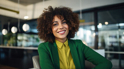 Confident, smiling African businesswoman in green; entrepreneur or customer service rep in finance or tech.