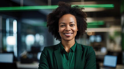 Fototapeta premium Confident, smiling African businesswoman in green; entrepreneur or customer service rep in finance or tech.