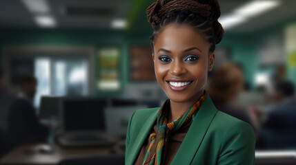 Confident, smiling African businesswoman in green; entrepreneur or customer service rep in finance or tech.