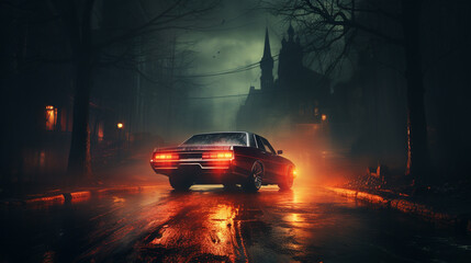 Midnight road with a car. Generative Ai