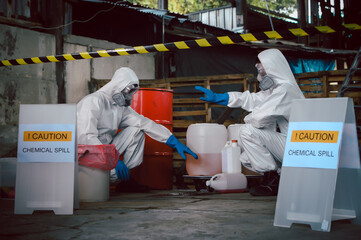 Specialist Officers in Chemical Safety Wear Chemical Risk Protective Clothing, Investigating and...