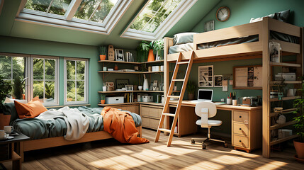 Beautiful, spacious and bright room for teenagers or students with a bunk bed and large windows. - obrazy, fototapety, plakaty