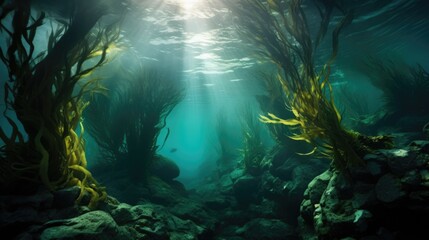 Fototapeta na wymiar Seaweed and natural sunlight underwater seascape in the ocean. landscape with seaweeds. Marine sea bottom. AI photography.