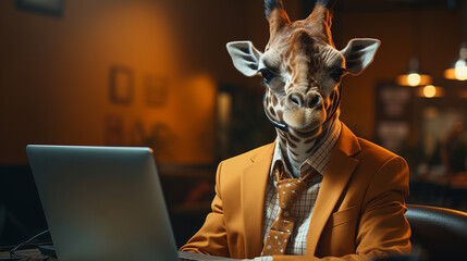 Giraffe dressed as a businessman using laptop. Generative Ai