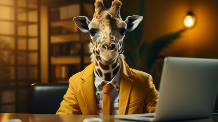 Giraffe dressed as a businessman using laptop. Generative Ai - obrazy, fototapety, plakaty