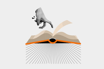 Creative collage picture of person reading book scientific research exam seminar preparation isolated on grey painted background