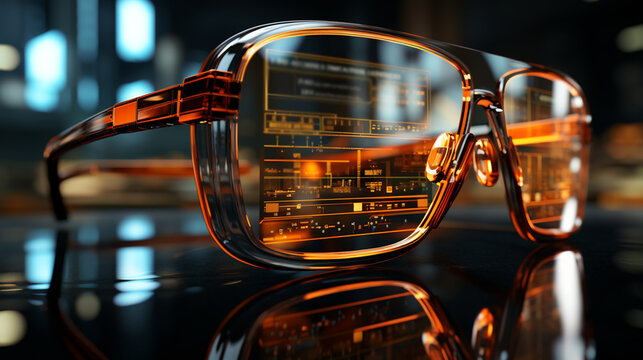 Eyeglasses looking at screen with digital code, coding new software. Generative Ai