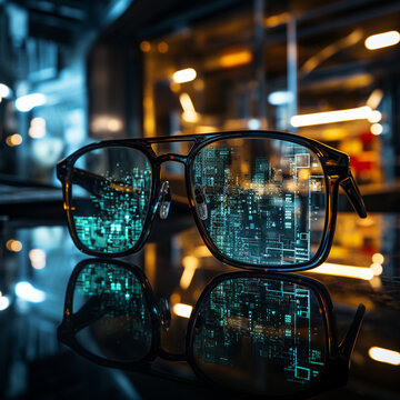 Eyeglasses looking at screen with digital code, coding new software. Generative Ai