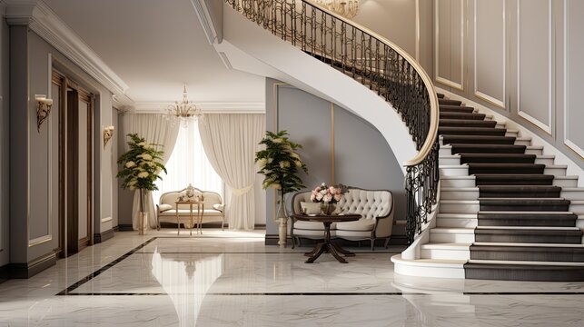 Interior design of modern villa entrance hall with staircase-