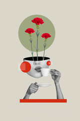 Image picture collage of weird bizarre woman face hand hold cup enjoy tasty tea isolated on drawing...