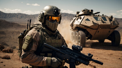 futuristic army concept with a soldier in front of armored vehicle - obrazy, fototapety, plakaty