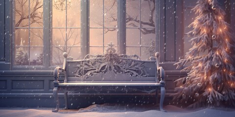 AI Generated. AI Generative. New year xmas Merry Christmas outdoor home house decoration window front celebrate snow winter december season. Graphic Art