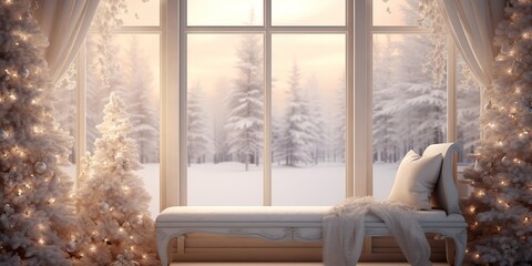 AI Generated. AI Generative. New year xmas Merry Christmas outdoor home house decoration window front celebrate snow winter december season. Graphic Art