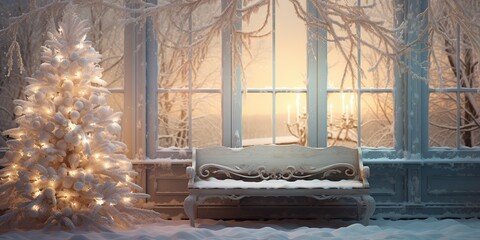 AI Generated. AI Generative. New year xmas Merry Christmas outdoor home house decoration window front celebrate snow winter december season. Graphic Art