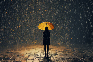 GENERATIVE AI Person Holding Umbrella in Heavy Rainstorm with Thankful Words Formed by Raindrops - obrazy, fototapety, plakaty