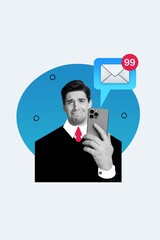 Collage picture image of young sad man hand hold phone cry many sms comments isolated on drawing background