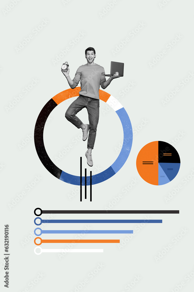 Poster image picture collage of successful man working wireless netbook earning money isolated on painted b