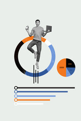 Image picture collage of successful man working wireless netbook earning money isolated on painted...