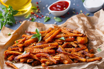 Sweet potato fries homemade roasted in the oven