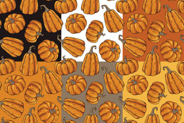 Halloween set of seamless patterns with pumpkins for halloween design. Wallpapers or backgrounds with orange autumn pumpkins for october party banner, poster or postcard