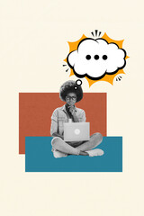 Poster picture collage of minded clever girl sitting using wireless netbook thinking isolated on drawing color background