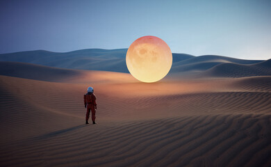 Astronaut in the desert looking at the moon. Sci fi and futuristic concept.