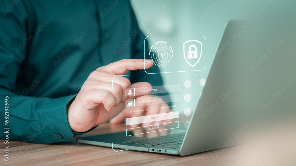 Poster Young man login with fingerprint scanning technology in the computer laptop. Secure encryption and access to the user's private information to access the internet.