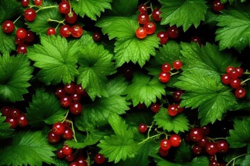 Ripe fresh red currants with green leaves as background, closeup photo, top view.