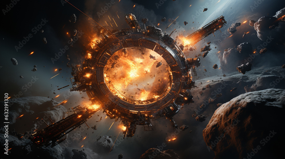 Wall mural spacecraft in intergalactic warfare with a world exploding. generative ai