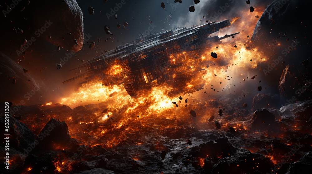 Wall mural spacecraft in intergalactic warfare with a world exploding. generative ai