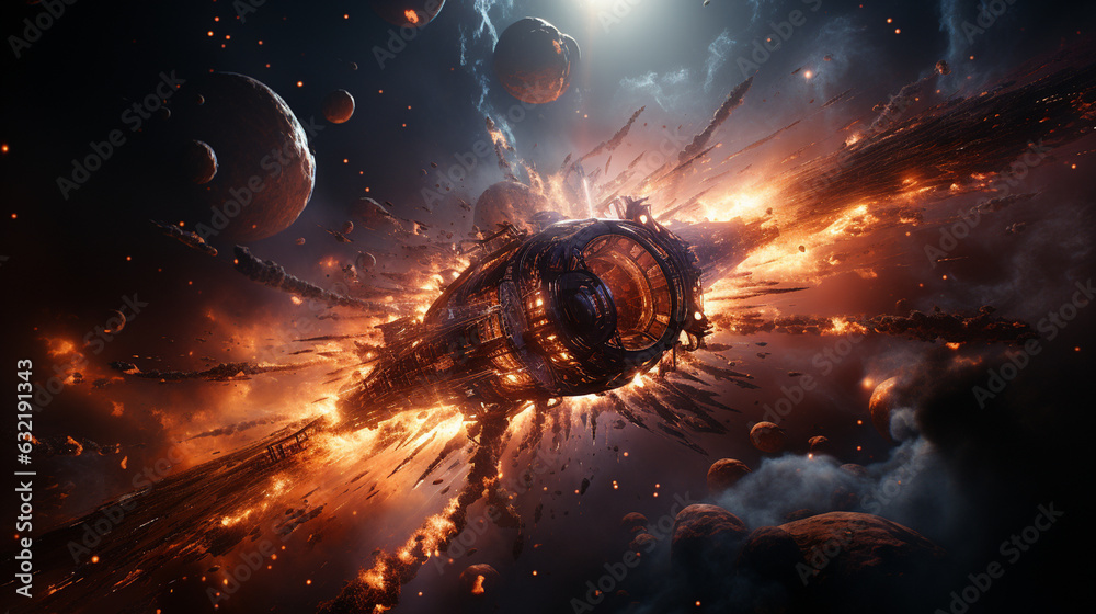 Wall mural spacecraft in intergalactic warfare with a world exploding. generative ai