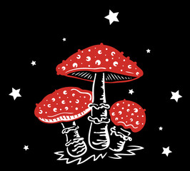 Fliegenpilze Pilze mit Sternen. Herbst Vektor Zeichnung. Schwarz rot. - 632191366
