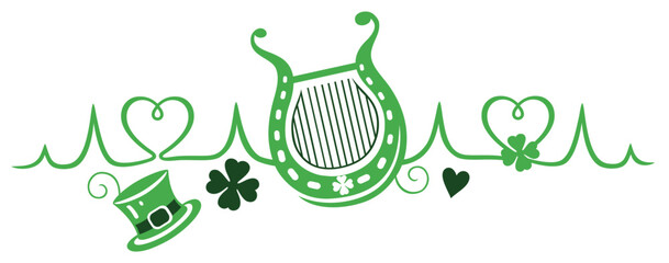 St Patricks Day Vektor Ranke. Herzschlag Frequenz mit Hut, Harfe, Klee und Herzen. Irish Day Puls.