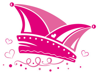 Narrenkappe zu Karneval, Rosenmontag, Fasching und Weiberfastnacht, mit Luftschlange, Herz und Konfetti in pink und rosa.