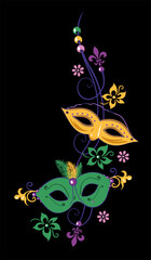 Masken zu Karneval, Fasching und Mardi Gras, mit bunten Blumen, Perlen und Fleur De Lis.