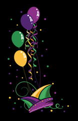 Narrenkappe zu Karneval, Fasching und Mardi Gras, mit Luftschlangen, Luftballons und Konfetti.