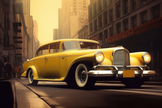 yellow retro car on the streets of new york city, Generative AI