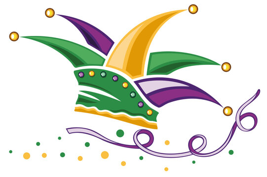 Narrenkappe zu Karneval, Rosenmontag, Fasching und Weiberfastnacht, mit Luftschlange, Herz und Konfetti in lila, grün, gold. Mardi Gras Farben.