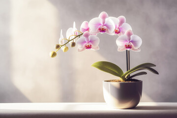 Naklejka na ściany i meble Beautiful Phalaenopsis orchid flower in a pot on a gray background. Generative AI.